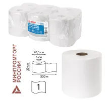 Полотенца бумажные с центральной вытяжкой 300 м, LAIMA (Система M2) UNIVERSAL WHITE, 1-слойные, белые, КОМПЛЕКТ 6 рулонов, 112506