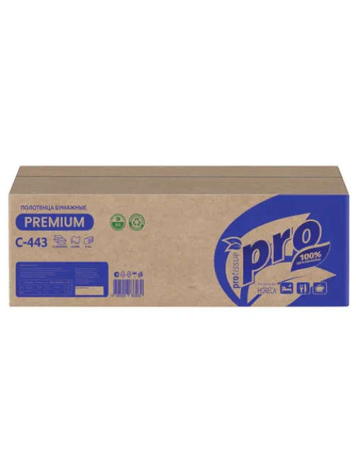 Полотенца бумажные 190 шт., PROtissue (H2) PREMIUM, 2-слойные, белые, КОМПЛЕКТ 21 пачка, 24х21,5 см, Z-сложение, С443