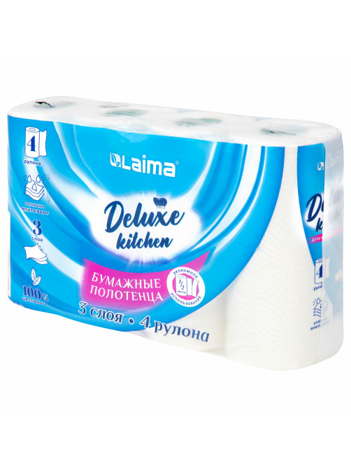 Полотенца бумажные 3-х слойные, 4 рулона по 11 м (отрыв 1/2 листа), LAIMA Deluxe, 100% целлюлоза, 115400
