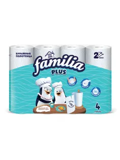 Полотенца бумажные бытовые, спайка 4 шт., 2-слойные (4х12 м), FAMILIA PLUS, 22,7x12 см, белые, 5083816