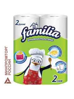 Полотенца бумажные бытовые, спайка 2 шт., 2-слойные (2х9,6 м), FAMILIA, 22,7х12 см, белые, 5070609