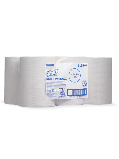 Полотенца бумажные рулонные KIMBERLY-CLARK Scott, КОМПЛЕКТ 6 шт., Slimroll, 165 м, белые, артикул 6657