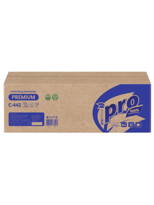 Полотенца бумажные 200 шт., PROtissue (H2) PREMIUM, 2-слойные, белые, КОМПЛЕКТ 21 пачка, 24х21,5 см, Z-сложение, С442
