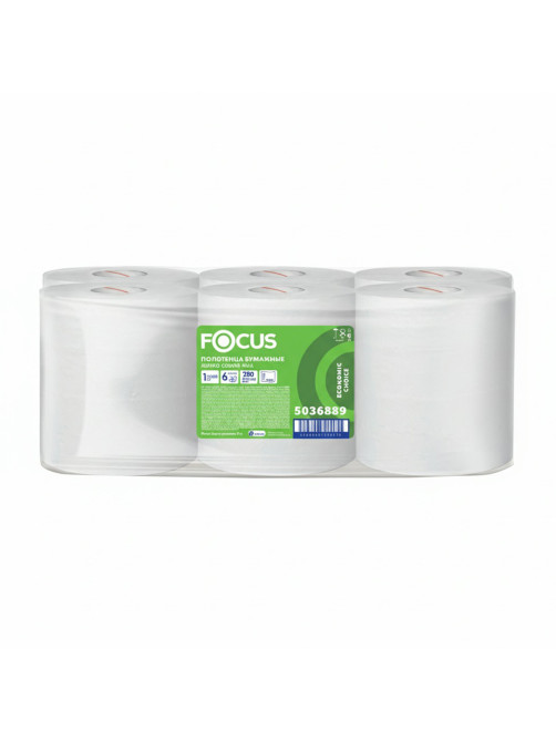 Полотенца бумажные с центральной вытяжкой 280 м, FOCUS (М2) Jumbo, 1-слойные, белые, КОМПЛЕКТ 6 рулонов, 5036889