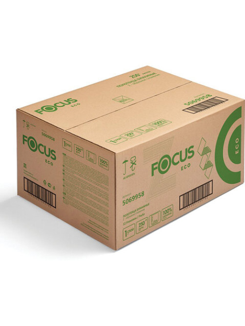 Полотенца бумажные 250 шт. FOCUS (Система H2) Eco, 1-слойные, белые, КОМПЛЕКТ 12 пачек, 24х21,5, Z-сложение, 5083814/5069958