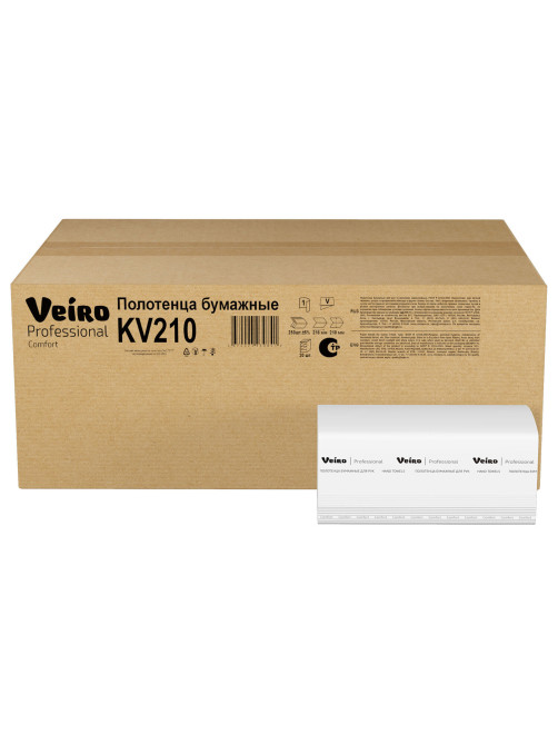 Полотенца бумажные 250 шт., VEIRO (H3) COMFORT, 1-слойные, белые, КОМПЛЕКТ 20 пачек, 21х21,6, V-сложение, KV210