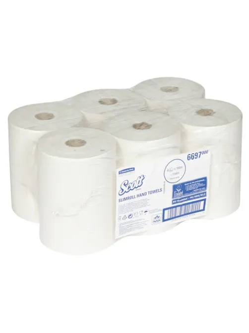 Полотенца бумажные рулонные KIMBERLY-CLARK Scott, КОМПЛЕКТ 6 шт., Slimroll, 190 м, белые, 6697