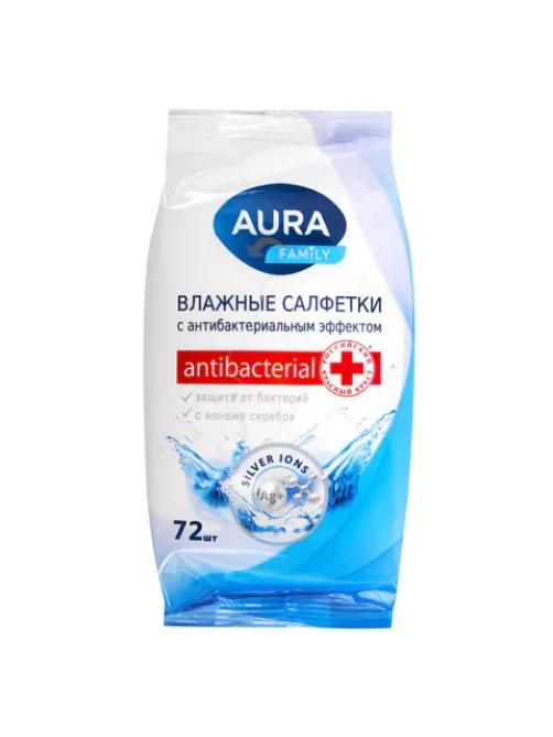 Салфетки влажные, 72 шт., AURA Family, антибактериальные, для всей семьи, 7044