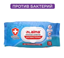 Салфетки влажные 72 шт., АНТИБАКТЕРИАЛЬНЫЕ с пластиковым клапаном, LAIMA 