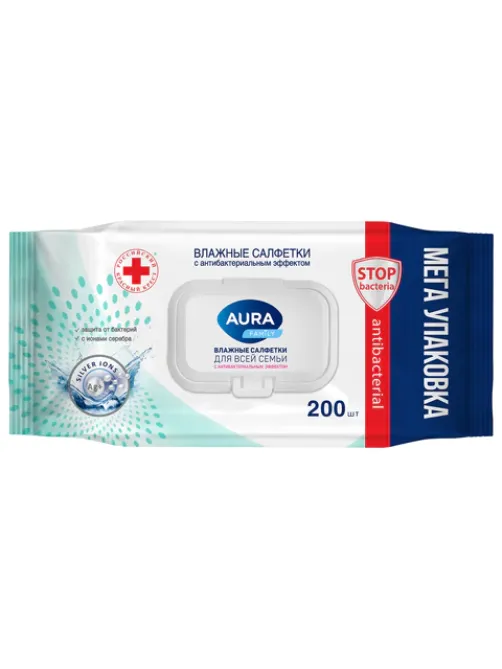 Салфетки влажные 200 шт., AURA Family, антибактериальные, для всей семьи, крышка клапан, 10394
