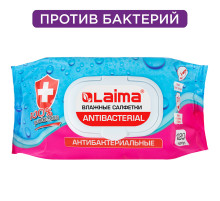 Салфетки влажные 120 шт., АНТИБАКТЕРИАЛЬНЫЕ, с пластиковым клапаном, LAIMA 
