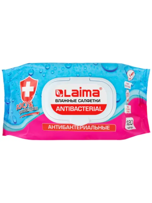 Салфетки влажные 120 шт., АНТИБАКТЕРИАЛЬНЫЕ, с пластиковым клапаном, LAIMA 