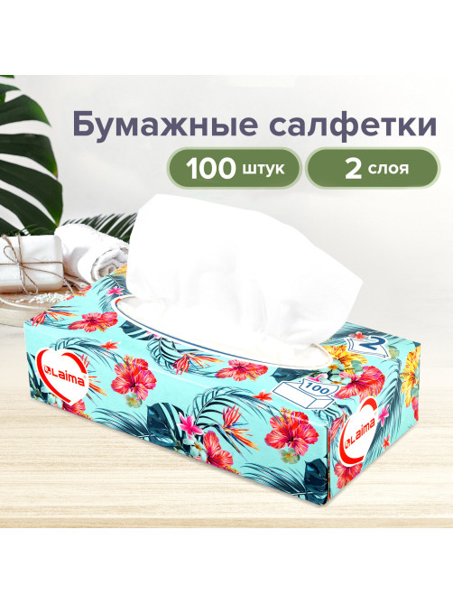 Салфетки косметические 100 шт. в картонном боксе 2-слойные, LAIMA 