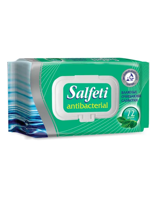 Салфетки влажные 72 шт., SALFETI Antibacterial, антибактериальные, крышка клапан, 48397