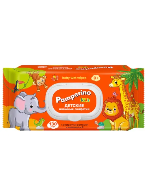 Салфетки влажные детские 130 шт., PAMPERINO, с экстрактом ромашки и витамином Е, крышка-клапан, 72954
