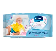 Салфетки влажные детские 60 шт., AURA Ultra Comfort, 0+, без спирта, 8106
