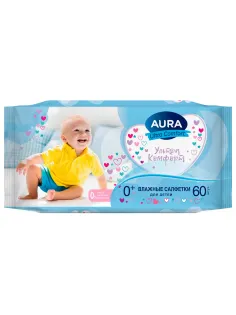 Салфетки влажные детские 60 шт., AURA Ultra Comfort, 0+, без спирта, 8106