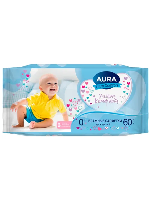 Салфетки влажные детские 60 шт., AURA Ultra Comfort, 0+, без спирта, 8106