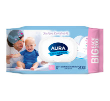 Салфетки влажные детские 200 шт., AURA Ultra Comfort, без спирта, 0+, с пластиковым клапаном, 8839