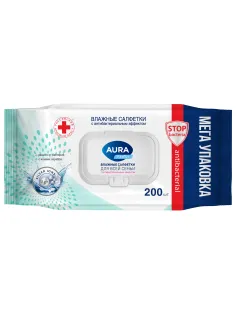 Салфетки влажные 200 шт., AURA Family, антибактериальные, для всей семьи, крышка клапан, 10394