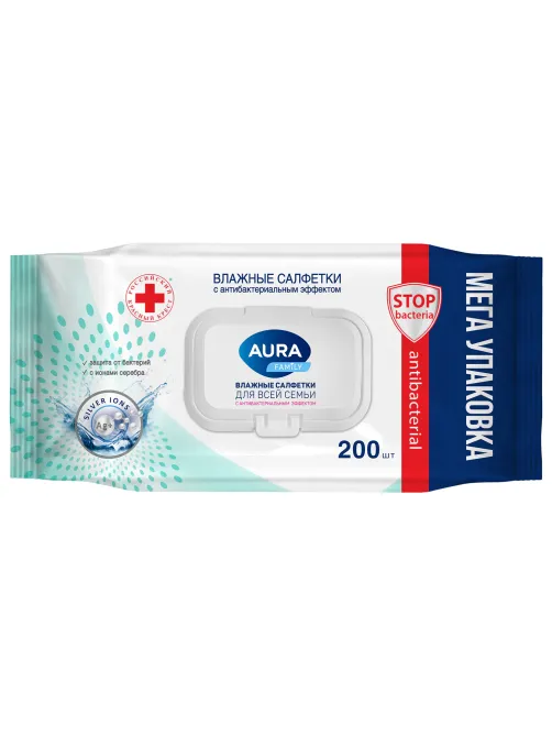 Салфетки влажные 200 шт., AURA Family, антибактериальные, для всей семьи, крышка клапан, 10394