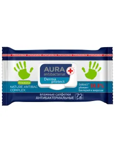 Салфетки влажные 72 шт., AURA антибактериальные, с пластиковым клапаном, 10037