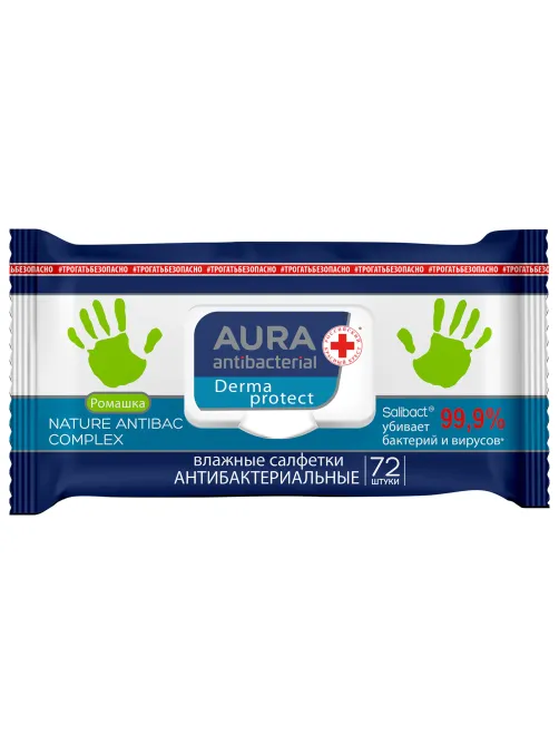 Салфетки влажные 72 шт., AURA антибактериальные, с пластиковым клапаном, 10037