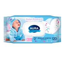 Салфетки влажные детские 120 шт., AURA Ultra Comfort с алоэ и витамином Е, 0+, крышка клапан, 14847