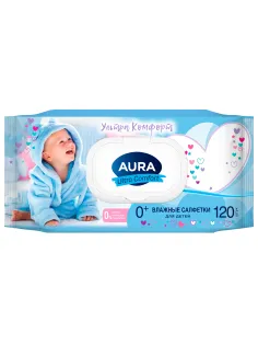 Салфетки влажные детские 120 шт., AURA Ultra Comfort с алоэ и витамином Е, 0+, крышка клапан, 14847