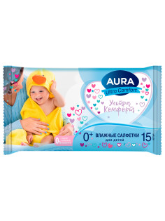 Салфетки влажные детские 15 шт., AURA Ultra Comfort, 0+, без спирта, 8492