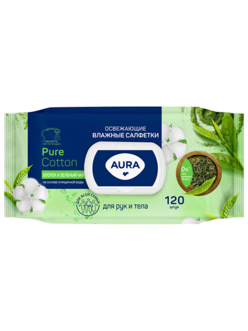 Салфетки влажные 120 шт., AURA освежающие, с пластиковым клапаном, 12827