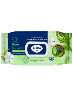 Салфетки влажные 120 шт., AURA освежающие, с пластиковым клапаном, 12827