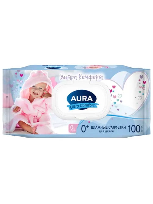Салфетки влажные детские 100 шт., AURA Ultra Сomfort, гипоаллергенные, 0+, крышка клапан, 14588