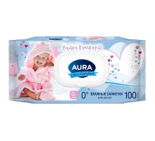 Салфетки влажные детские 100 шт., AURA Ultra Сomfort, гипоаллергенные, 0+, крышка клапан, 14588