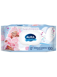 Салфетки влажные детские 100 шт., AURA Ultra Сomfort, гипоаллергенные, 0+, крышка клапан, 14588