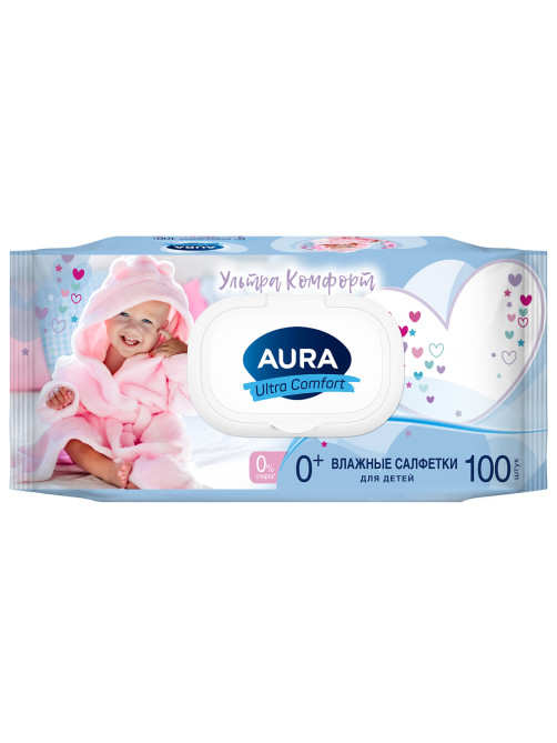 Салфетки влажные детские 100 шт., AURA Ultra Сomfort, гипоаллергенные, 0+, крышка клапан, 14588