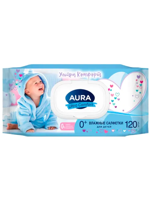 Салфетки влажные детские 120 шт., AURA Ultra Comfort с алоэ и витамином Е, 0+, крышка клапан, 14847