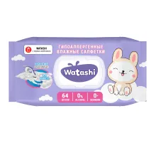 Салфетки влажные детские 64 шт., WATASHI, без спирта, 0+, с пластиковым клапаном, 12587