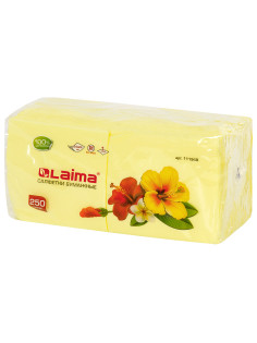 Салфетки бумажные 250 штук, 24х24 см, LAIMA, желтые, 100% целлюлоза, 111948