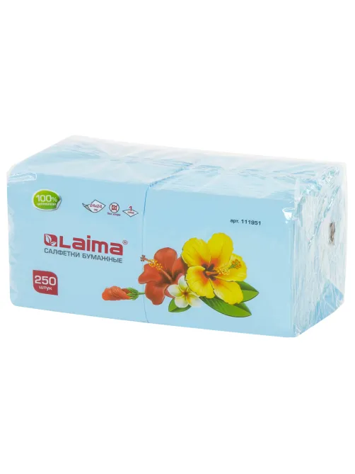 Салфетки бумажные 250 штук, 24х24 см, LAIMA, синие (пастельный цвет), 100% целлюлоза, 111951