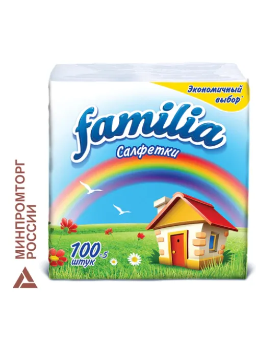 Салфетки бумажные 100 шт., 24x23 см, FAMILIA, белые, 100% целлюлоза, 5080553