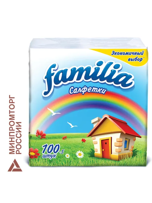 Салфетки бумажные 100 шт., 24x23 см, FAMILIA, белые, 100% целлюлоза, 5080553