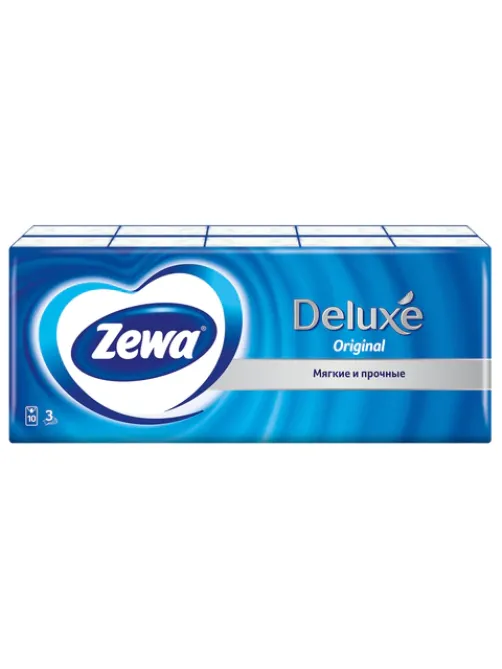 Платочки бумажные носовые ZEWA Deluxe 3-слойные, СПАЙКА 10 пачек по 10 шт., 21х21 см, 51174