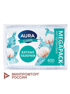 Ватные палочки КОМПЛЕКТ 400 шт., AURA CLASSIC, пакет, 14853