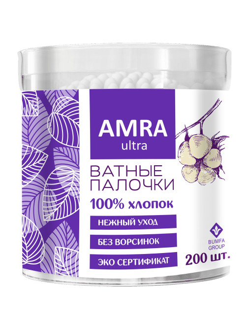 Ватные палочки 200 шт., AMRA, пластиковый стакан, П00055404