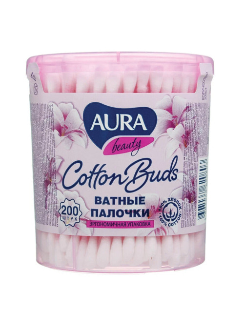 Ватные палочки КОМПЛЕКТ 200 шт., AURA, пластиковый стакан, 20803, 13144