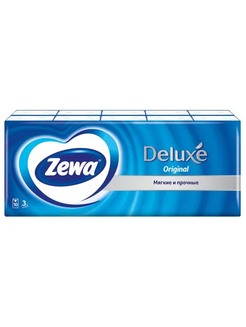Платочки бумажные носовые ZEWA Deluxe 3-слойные, СПАЙКА 10 пачек по 10 шт., 21х21 см, 51174