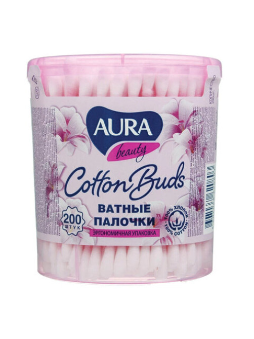 Ватные палочки КОМПЛЕКТ 200 шт., AURA, пластиковый стакан, 20803, 13144
