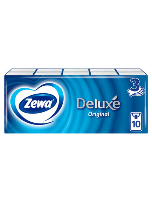 Платочки бумажные носовые ZEWA Deluxe 3-слойные, СПАЙКА 10 пачек по 10 шт., 21х21 см, 51174