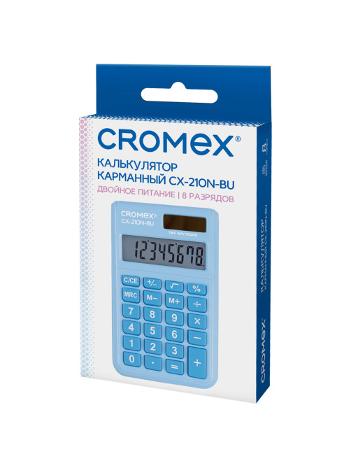 Калькулятор карманный CROMEX (КРОМЕКС) CX-210N-BU (96х62 мм), 8 разрядов, двойное питание, голубой, 273835